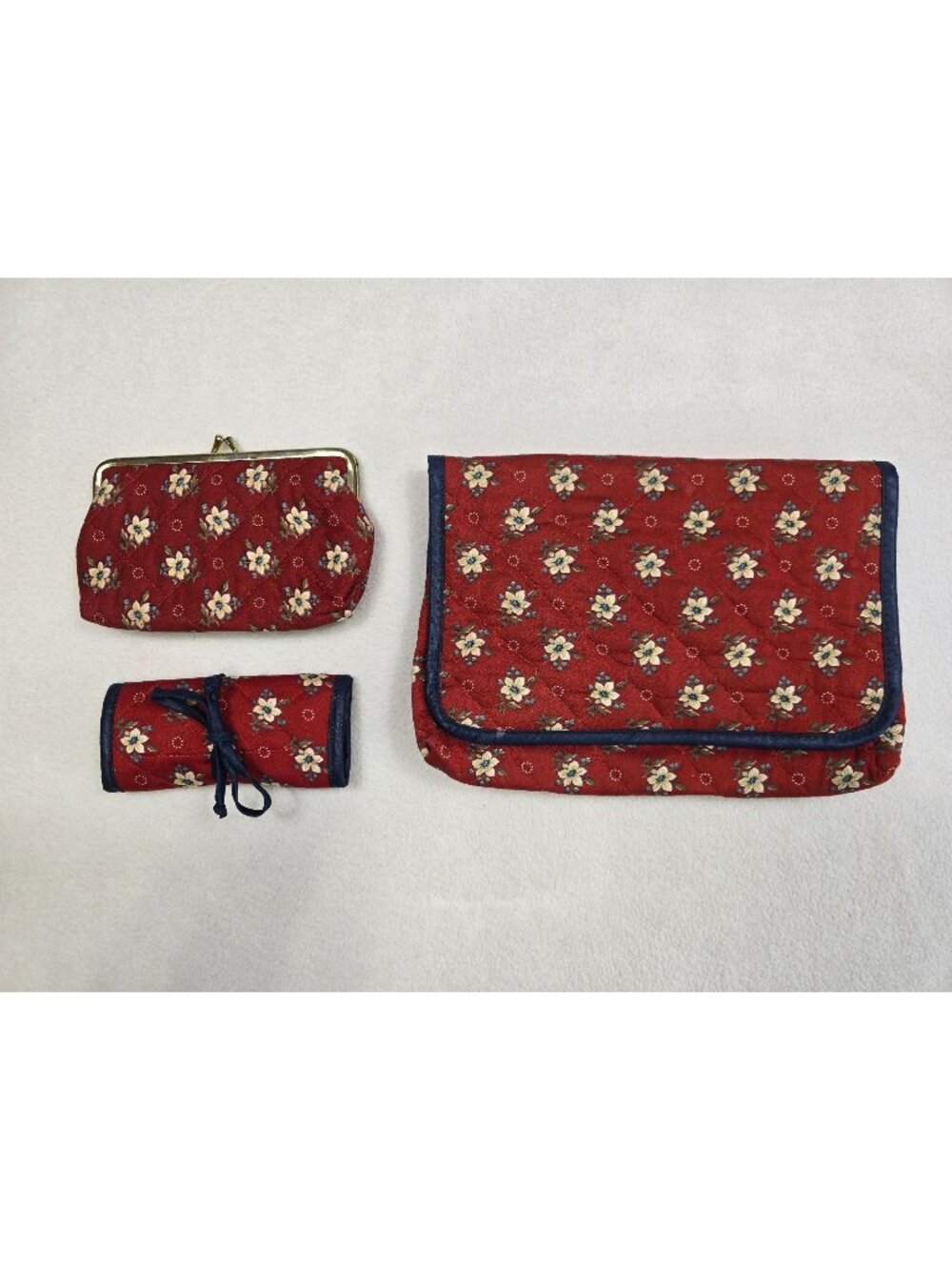 Vintage Red Floral Quilted Travel Organizer Set Mirror Coin Purse Jewelry Holder